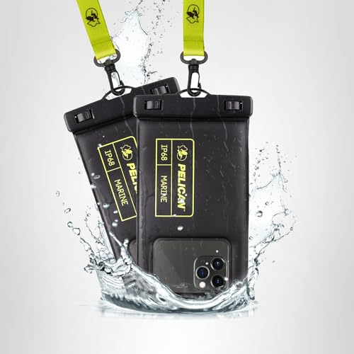 Pelican 2 Pack Marine - IP68 Waterproof Phone Pouch (Regular Size) Floating Waterproof Phone Case - Beach Cruise Ship Travel Essentials - Works w/All Phones - Detachable Lanyard - Black/Hi-Vis Yellow jlhbookstore.store