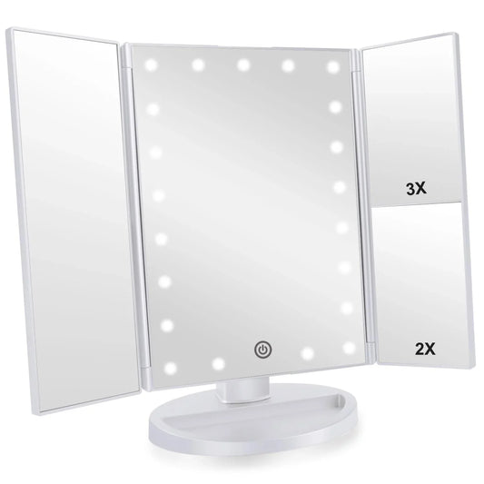 Trifold Makeup Mirror Vanity Mirror with Lights,1X 2X 3X Magnification,Touch Screen,180 Adjustable Rotation,Portable Travel Bathroom Cosmetic Mirror - Jlhbookstore.store