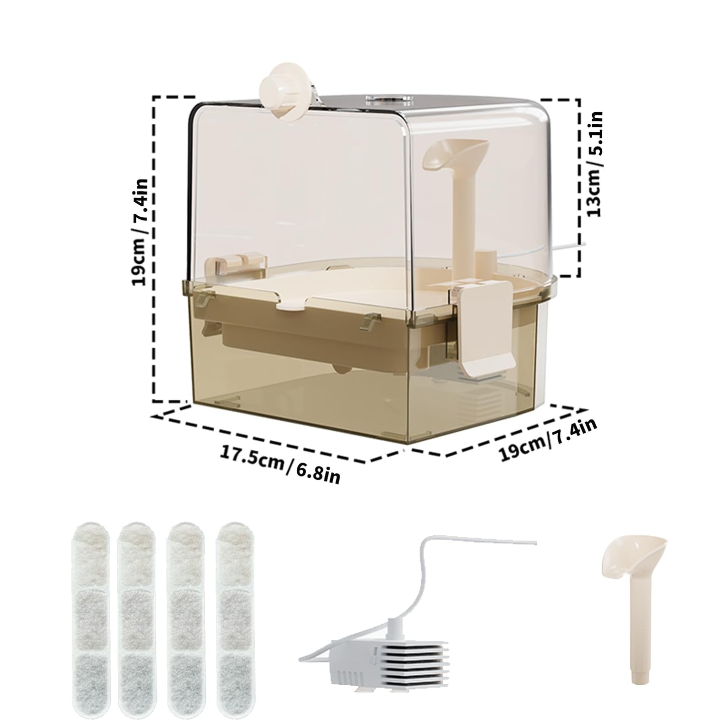 Automatic Bird Baths for Cage – Indoor Parakeet Bath with Pump, Bird Shower with 2 Modes Running Water, Bird Cage Accessory for Pet Birds Conure Budgies Cockatiels Lovebird (Light Brown)