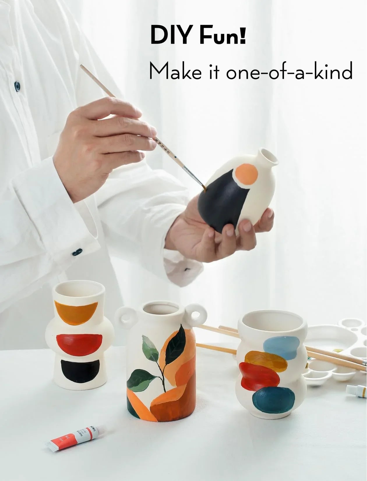 Set of 8 White Ceramic Vases for Dried Pampas Grass Flowers, Aesthetic Boho Modern Decor for Farmhouse Living Room Coffee Table Shelf Fireplace Centerpiece Bedroom Office Desk Home DIY Gifts - Jlhbookstore.store