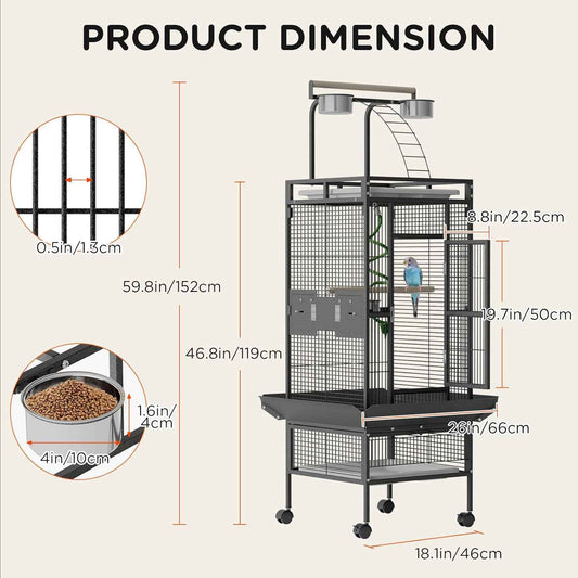 60 Inch Wrought Iron Large Bird Cage with Rolling Stand, Metal Parrot Cage with Play Top & 4 Stainless Steel Bowls for African Grey Cockatiel Sun Parakeet Green Cheek Conure Lovebird Budgie, Black