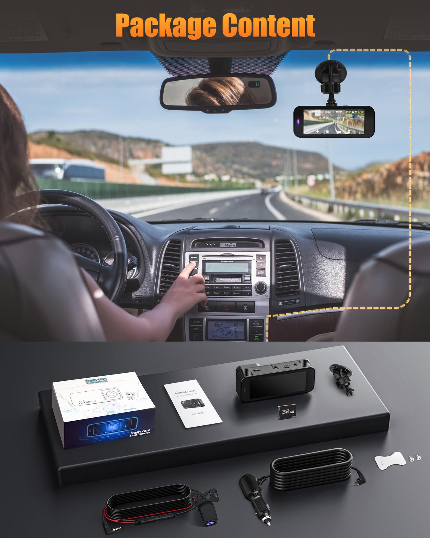 Dash Camera for Cars, 4K Full HD Dual Dash Cam Front and Rear with Wi-Fi, Included 32GB Card, 3.16” IPS Screen, Night Vision, 170°Wide Angle, WDR, 24H Parking Mode