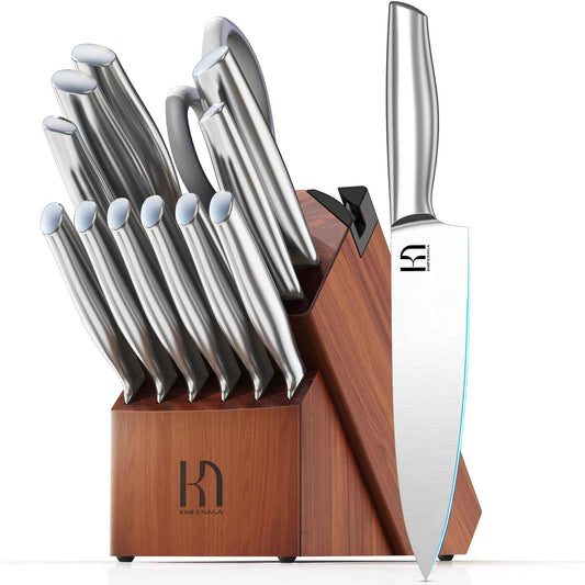 Knife Set Premium, Japanese 14 Pcs Kitchen Knife Block Set Enduring Razor Sharp High Carbon Stainless Steel, Black Chef Knives Set with Built-in Sharpener and Quality Acacia Wood Block