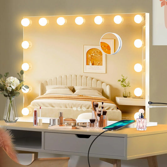 Moonee Vanity Mirror with Lights, Hollywood Lighted Makeup Mirror with 15 Dimmable Bulbs and 10X Magnification, 3 Colors Modes, Aluminum Metal Frame, Light Up Mirror for Tabletop or Wall(23" x 18") - Jlhbookstore.store