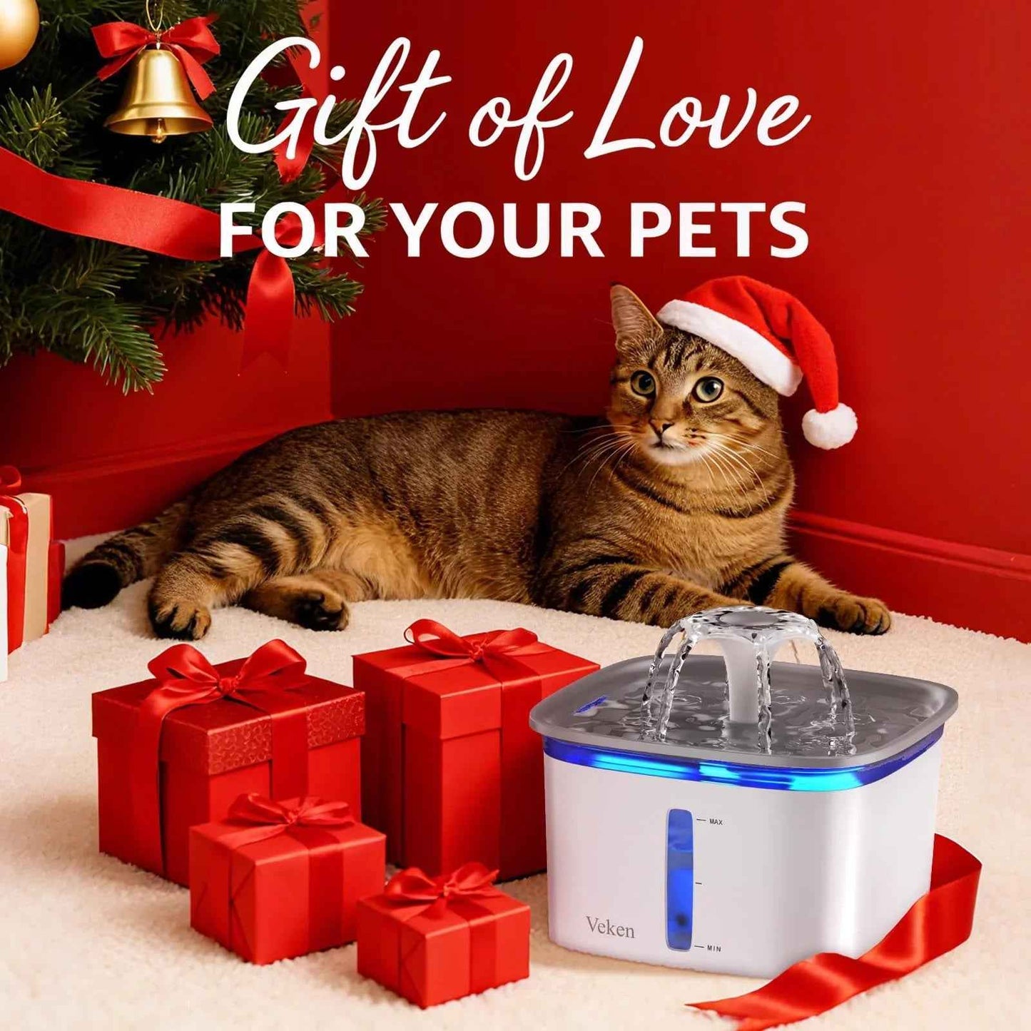Veken Innovation Award Winner 95oz/2.8L Pet Fountain, Automatic Cat Water Fountain Dog Water Dispenser with Replacement Filters, Gifts for Christmas, Cats, Dogs, Multiple Pets (Grey, Plastic)
