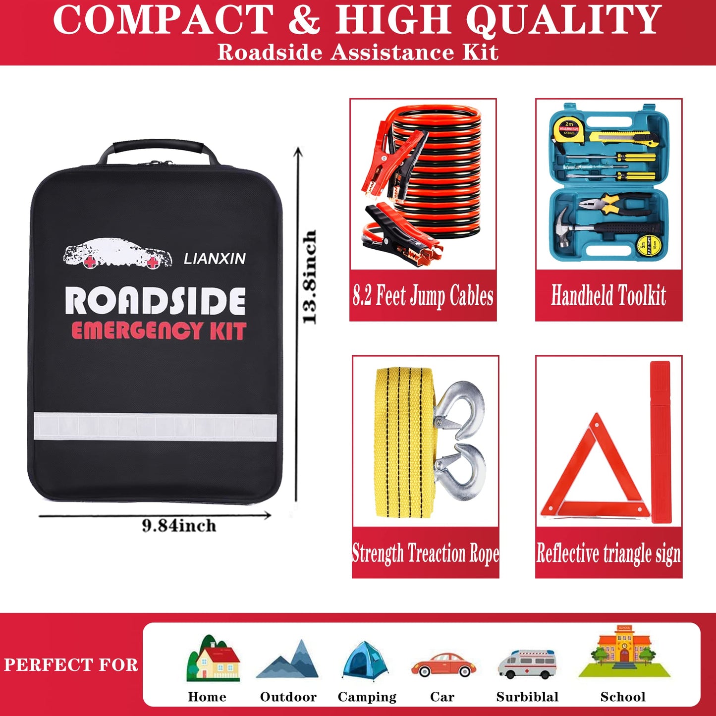 Roadside Assistance Emergency Kit - Car Emergency Kit with Jumper Cables (Upgraded) Emergency Roadside Kit for Car 142 Pieces Car Safety Kits,Tow Strap,Tool Kit,Reflective Warning Triangle