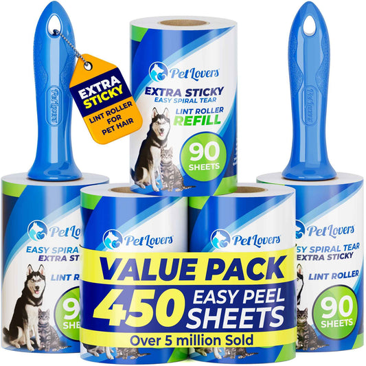 PetLovers Extra Sticky Lint Roller Mega Value Set 450 Sheets for Pet Hair Removal and Clothes, Dog and Cat Lint Remover 5 Pack