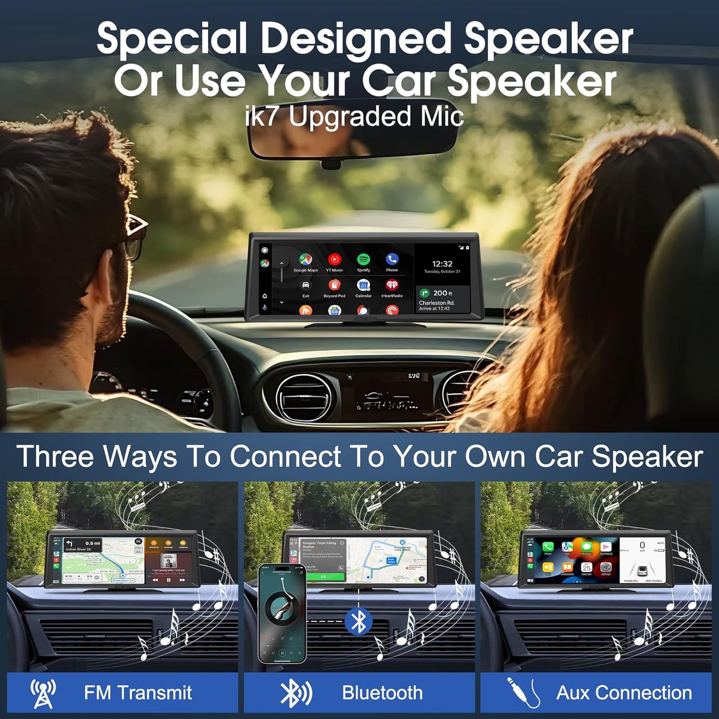 Wireless Portable CarPlay Screen,8.1" Portable Touchscreen Car Stereo with 2K Dash Cam/Carplay & Android Auto,1080P Backup Camera,GPS Navigation,Voice Control,Loop Recording,Mirror Link