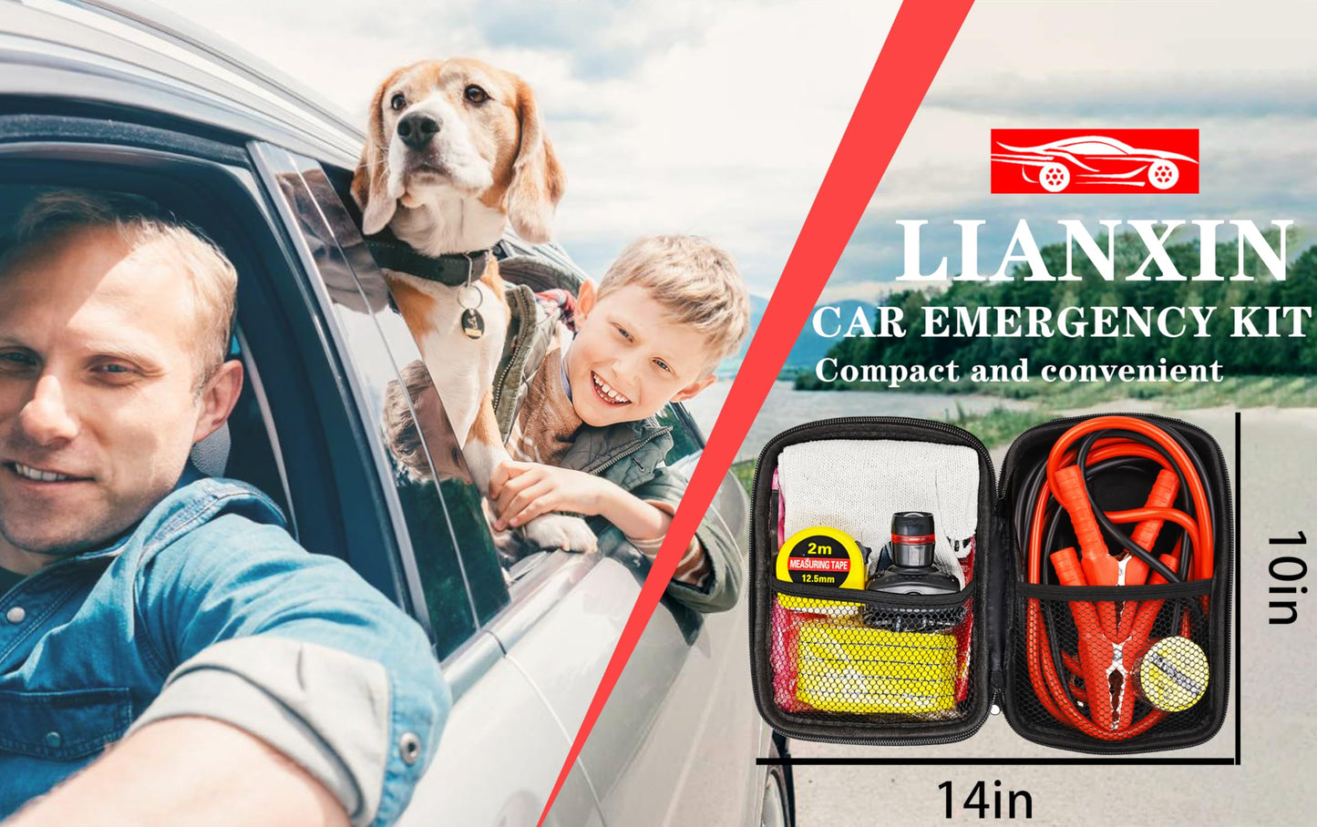 Car Roadside Emergency Kit, with Jumper Cables Automotive Kit,Car Safety Roadside Assistance Kit Headlamp,Tow Straps, Safety Hammers, Rainwear, Gloves.Black