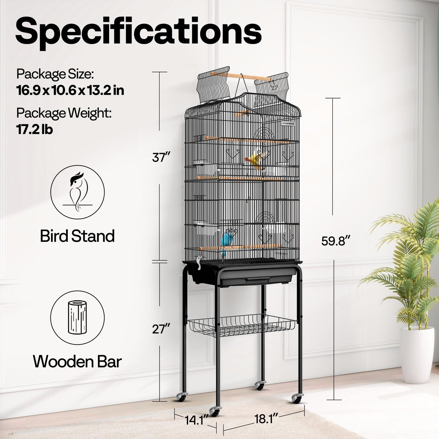 VIVOHOME 64 Inch Bird Cage with Play Top and Rolling Stand for Parrots Conures Lovebird Cockatiel Parakeets Gray