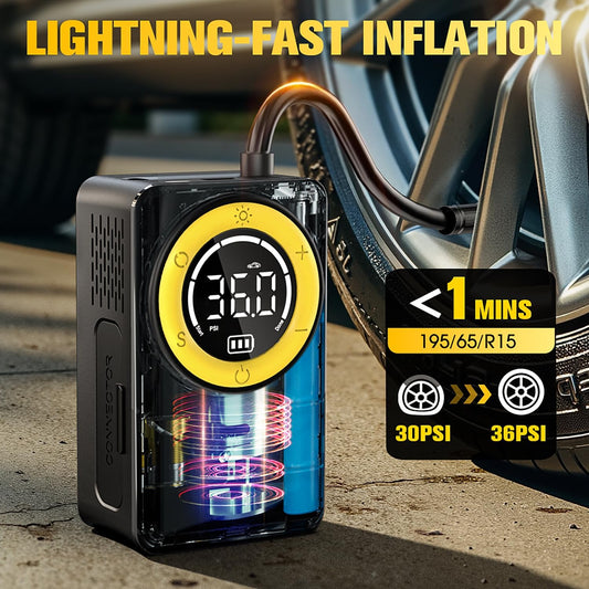CARSUN Tire Inflator Portable Air Compressor, 150PSI Air Pump For Car Tires with Digital Pressure Gauge, LED Light and Auto Shut-Off Function Cordless Pump for Car, Motorcycle, Bicycle, Balls