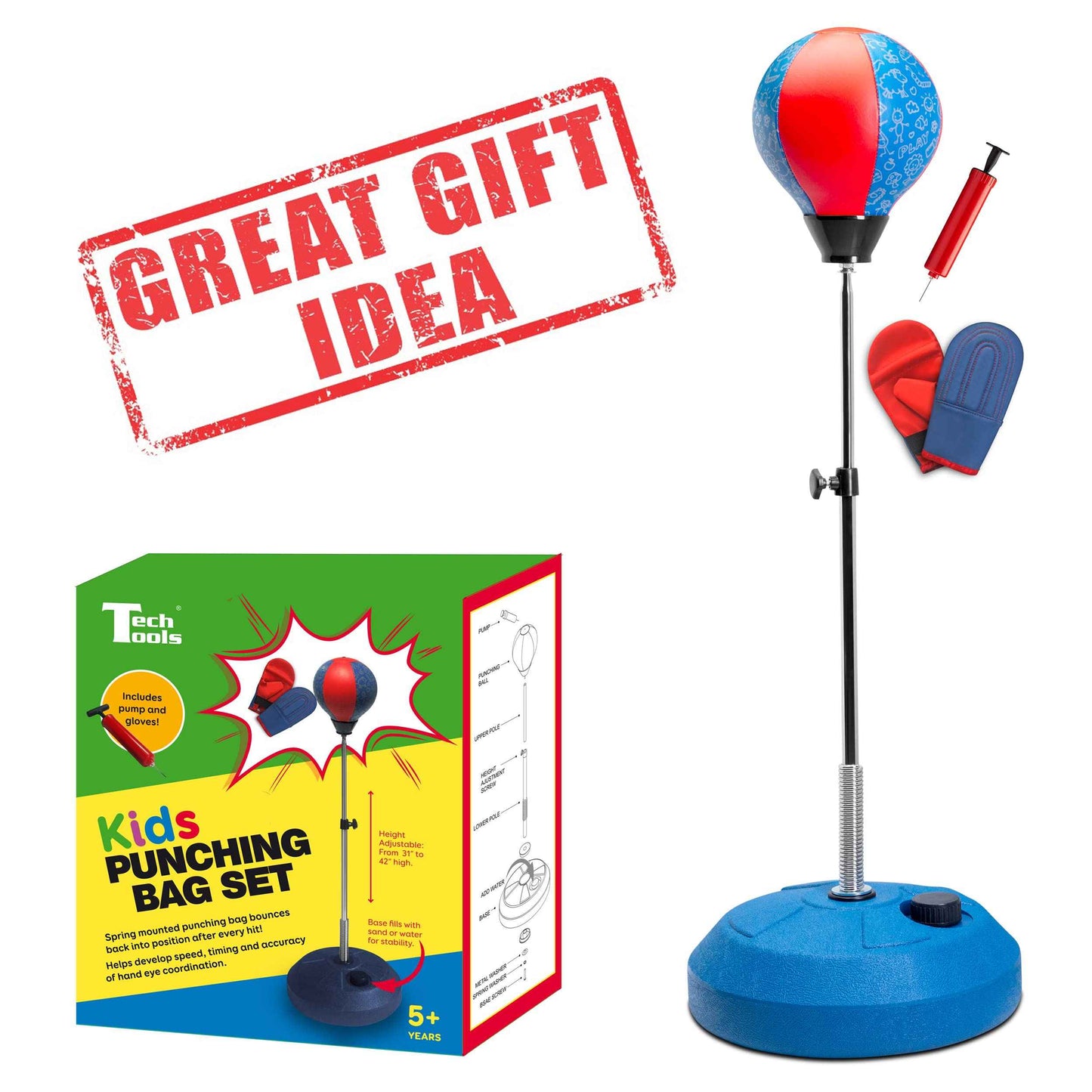 TechTools Punching Bag for Kids, Reflex Boxing Set With Stand - Includes Boxing Gloves, Height Adjustable - Gifts Idea for Boys and Girls Ages 3-8 Years Old