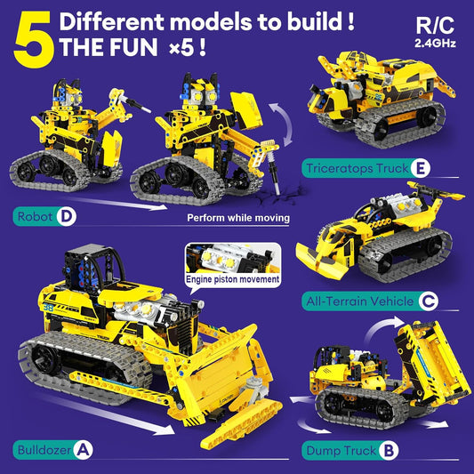 5 in 1 STEM Robot Toy Building Kit, 452 PCS Blocks App & Remote Control Engineering Toys Robotics for Kids Ages 8-12, RC Bulldozer Erector Sets for Boys Girls 6 7 9 10 11 13 14+ Birthday Gifts