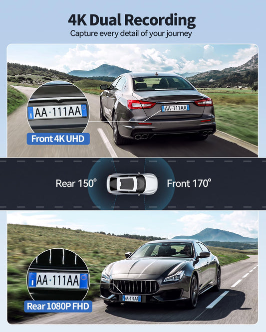 Dash Camera for Cars, 4K Full HD Dual Dash Cam Front and Rear with Wi-Fi, Included 32GB Card, 3.16” IPS Screen, Night Vision, 170°Wide Angle, WDR, 24H Parking Mode