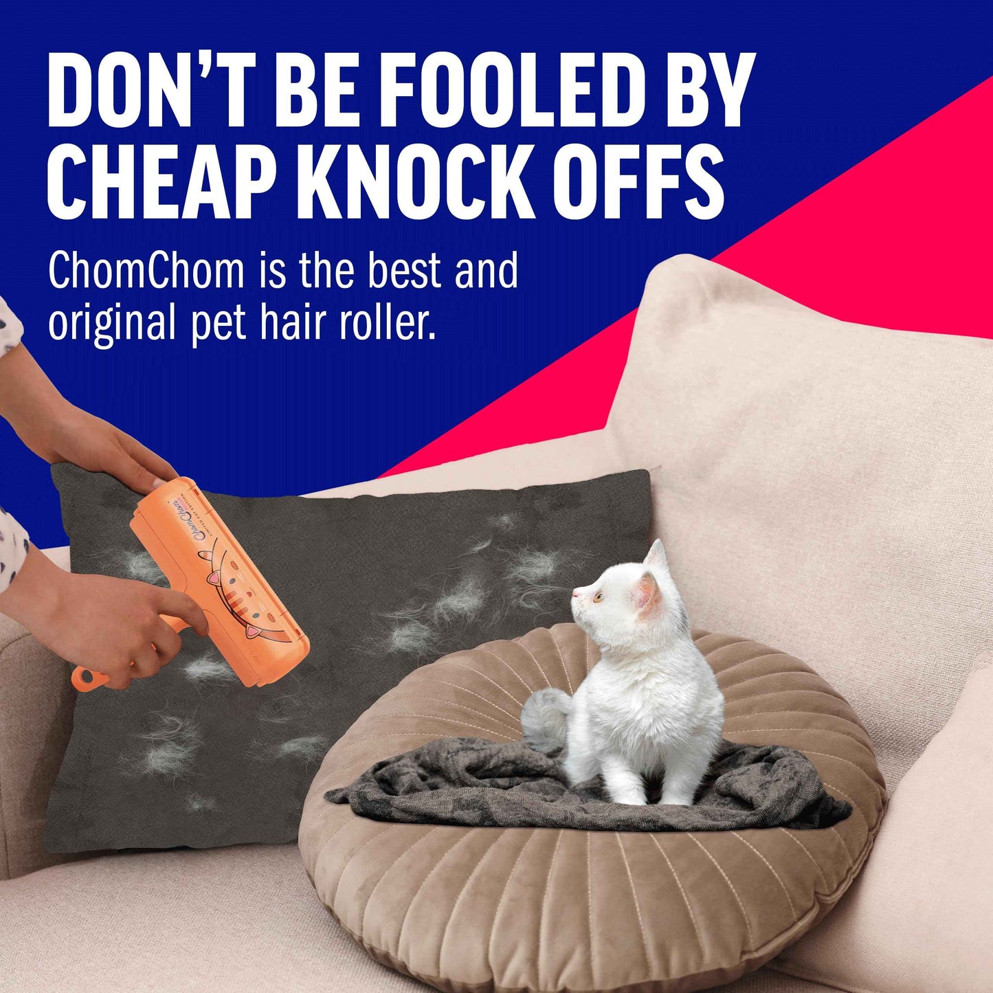 ChomChom Roller Pet Hair Remover – Original Size Reusable Lint Roller for Cat & Dog Hair on Furniture, Couch, Carpet, Car, Rugs & Bedding – Portable, Eco-Friendly (White)