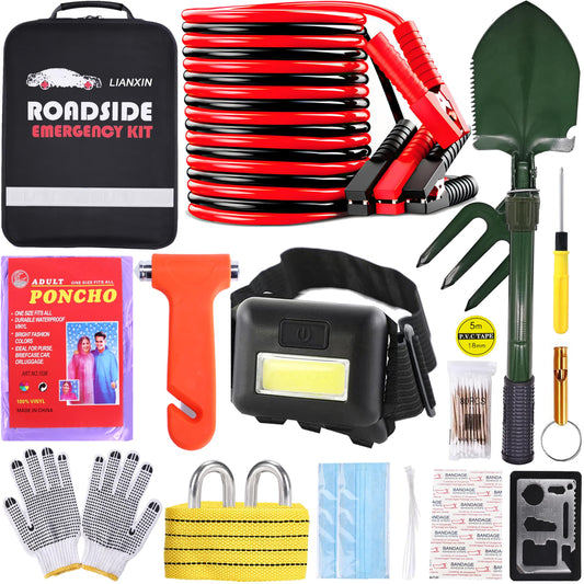 Roadside Assistance Emergency Kit - Car Emergency Kit with Jumper Cables (Upgraded) Emergency Roadside Kit for Car 142 Pieces Car Safety Kits,Tow Strap,Tool Kit,Reflective Warning Triangle