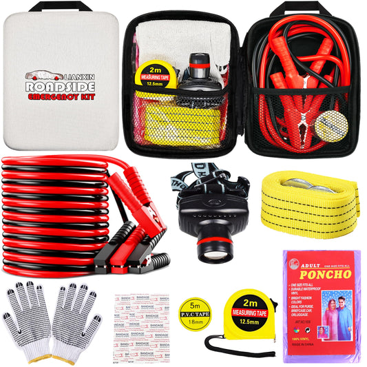 Car Roadside Emergency Kit, with Jumper Cables Automotive Kit,Car Safety Roadside Assistance Kit Headlamp,Tow Straps, Safety Hammers, Rainwear, Gloves.Black
