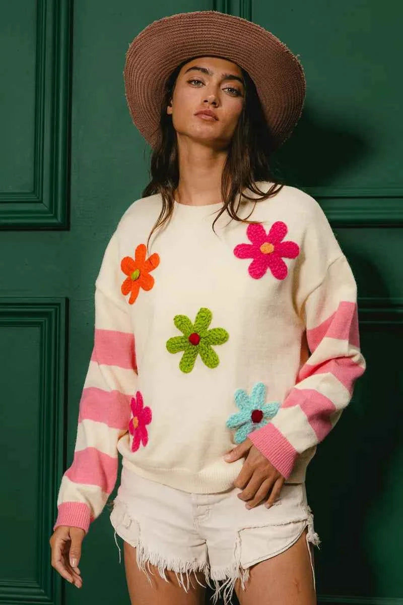 BiBi Colorful Floral Patched Sweater with Striped Sleeve