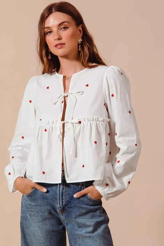 SO ME Front Tie Heart Embroidered Blouse With Puff Sleeve