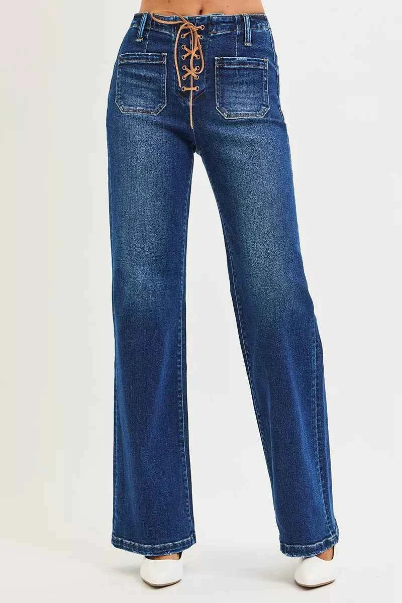 RISEN Full Size High Rise Wide Leg Jeans with Front Tie Detail Plus Size