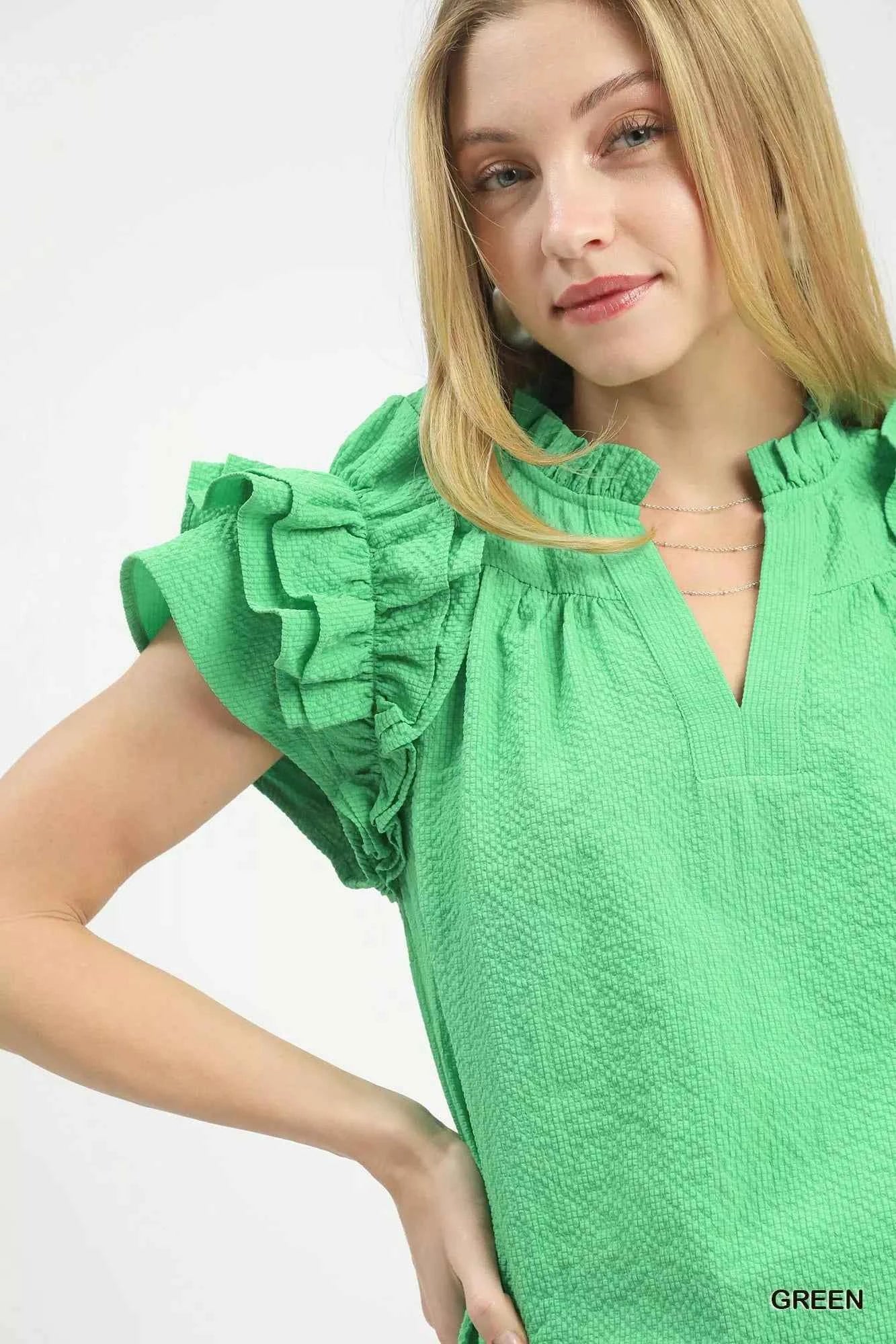 Umgee Textured Ruffle Sleeve Notched Top
