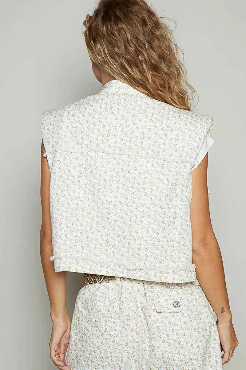 POL Assymetrical Front Closure Raw Hem Floral Denim Vest
