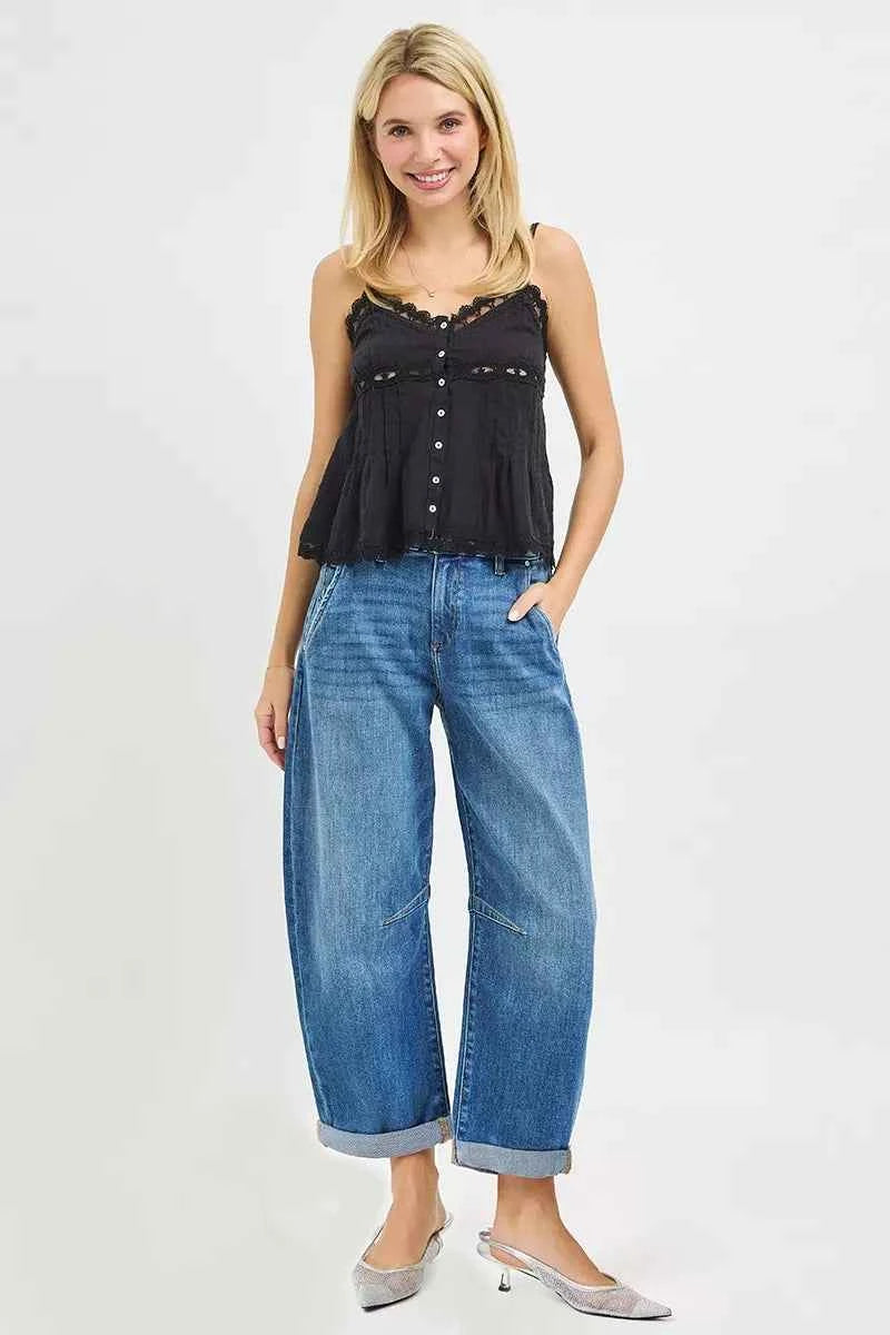 RISEN Slouchy Cropped Barrel Jeans With Cuffed Hem