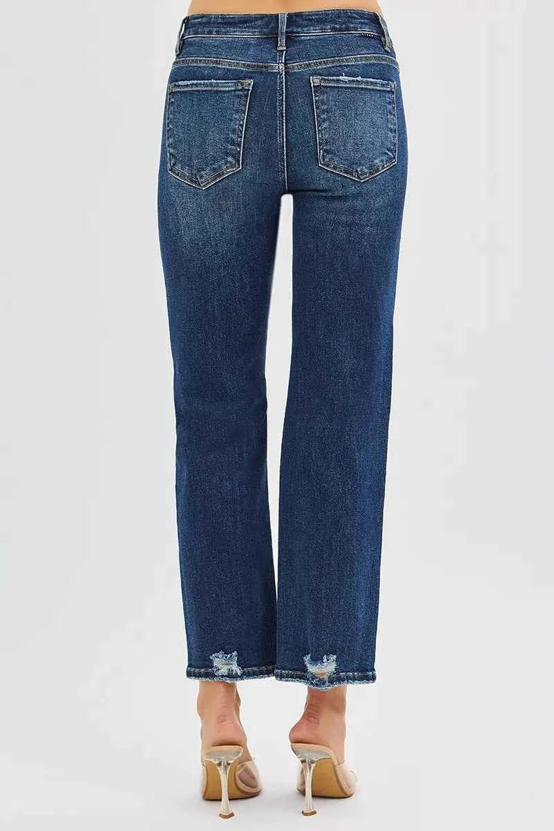 RISEN High Rise Crop Slim Straight Jenas with Hidden Knee Patch