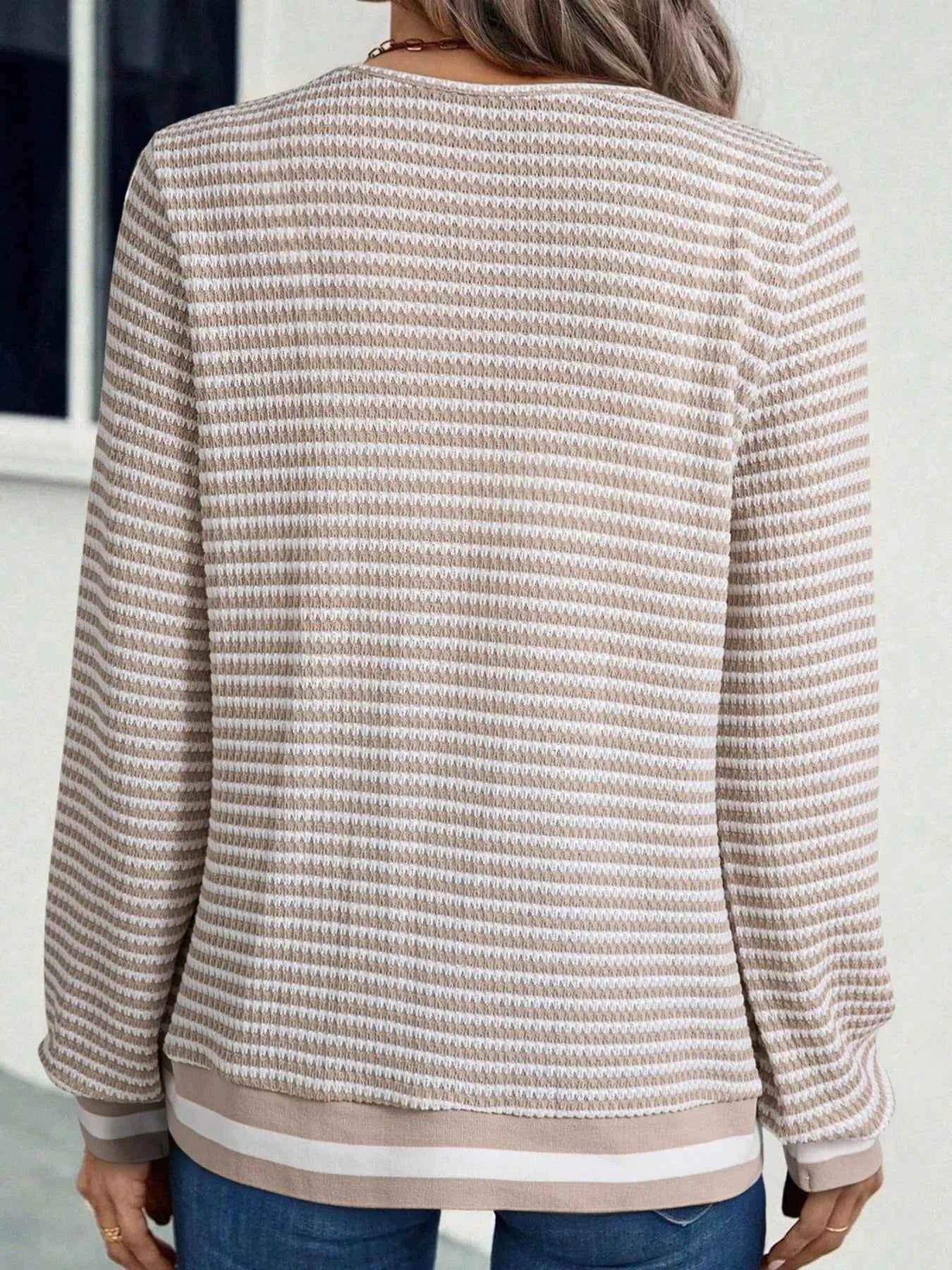 Striped Textured Knit V Neck Top