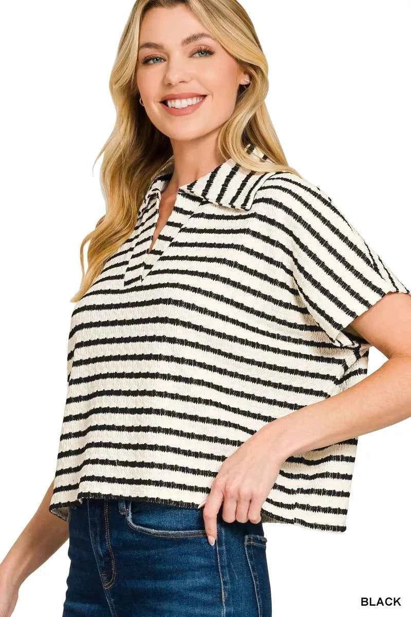 Zenana Striped Split Neck Collared Top