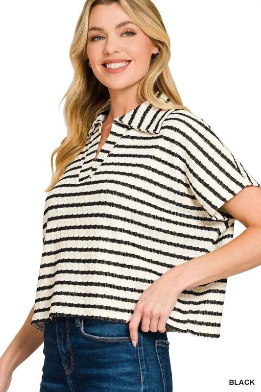 Zenana Striped Split Neck Collared Top