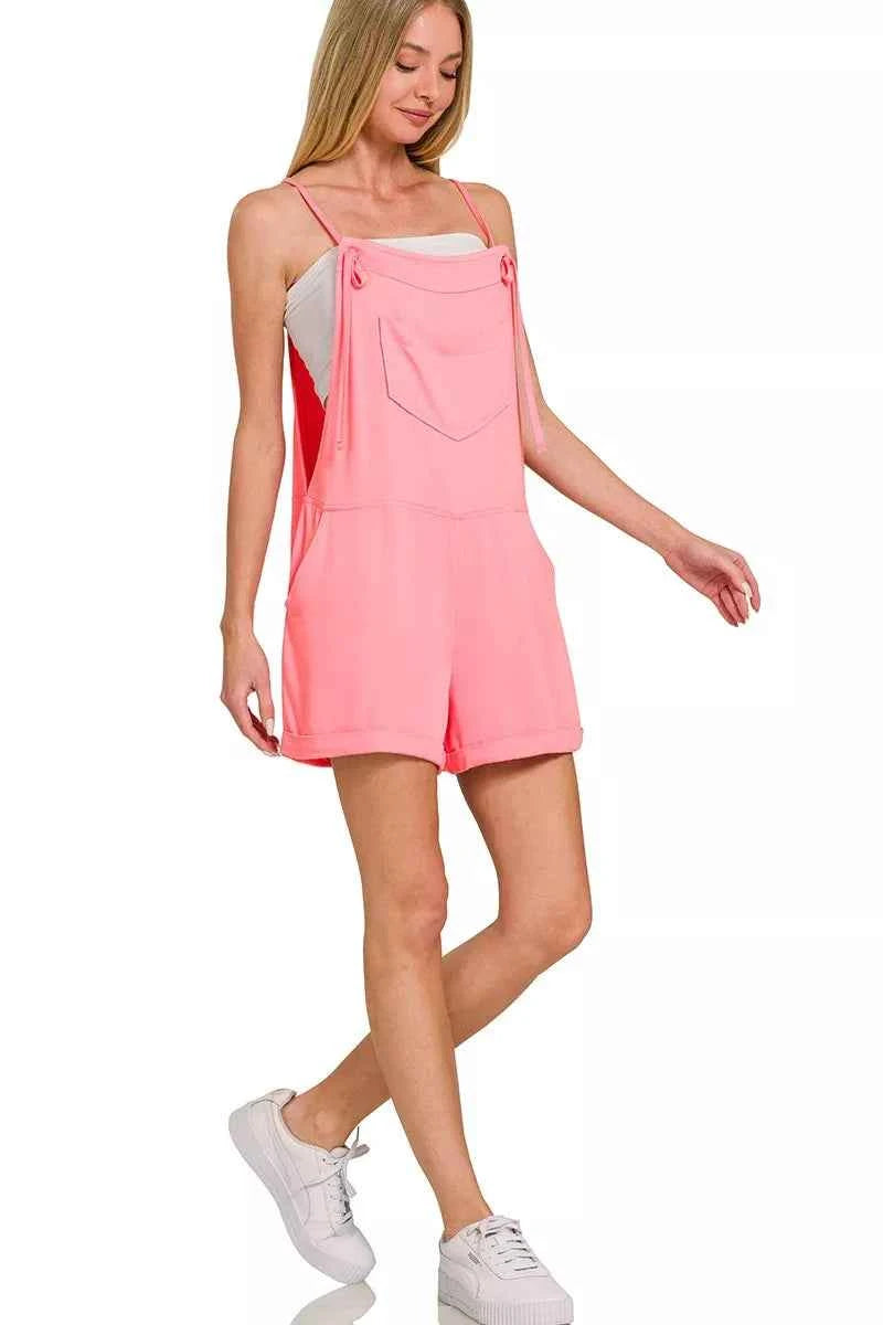 Zenana Rayon Woven Romper With Tie Knot Strap