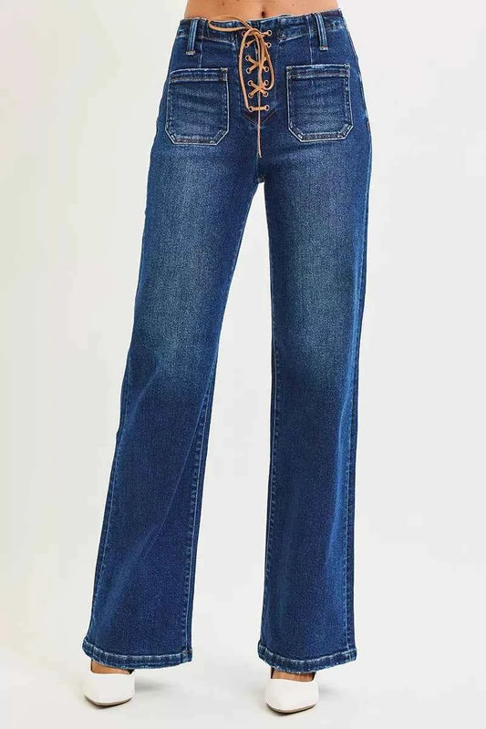 RISEN Full Size High Rise Wide Leg Jeans with Front Tie Detail Plus Size