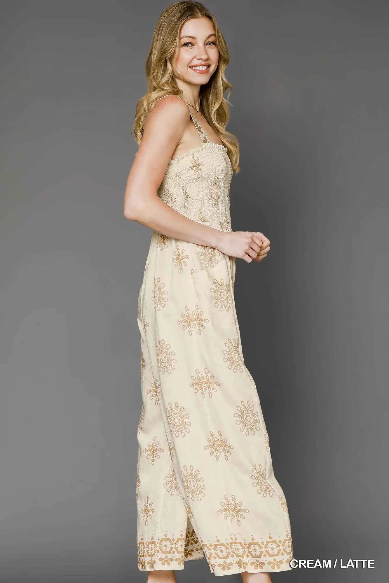 Umgee Smocked Printed Wide Leg Jumpsuit