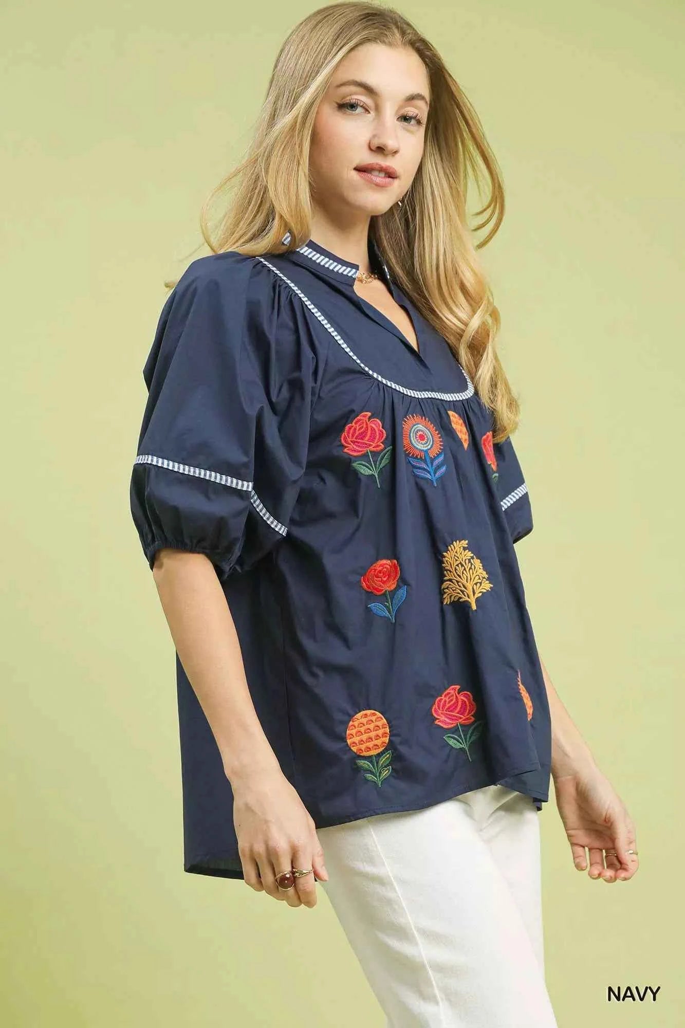 Umgee Embroidered Floral Puff Sleeve Top