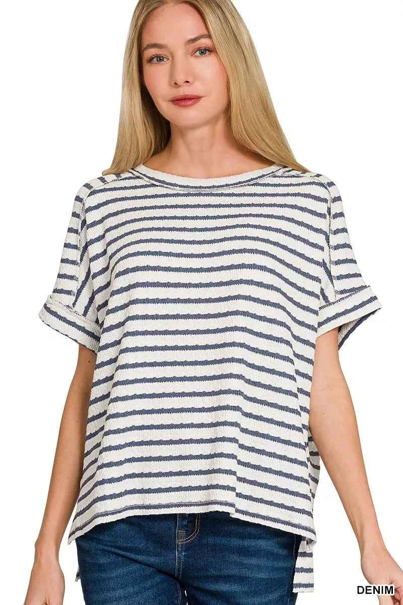 Zenana Stripe Jacquard Round-Meck Tee