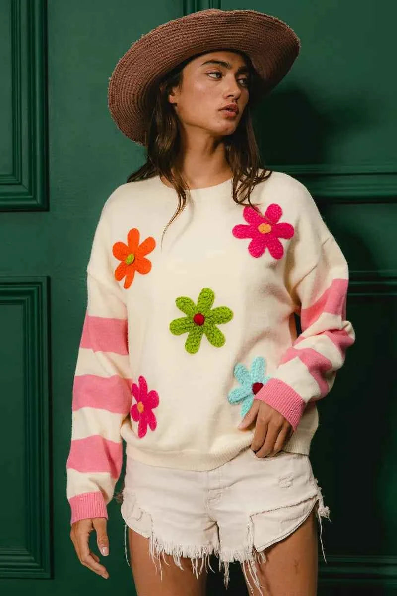 BiBi Colorful Floral Patched Sweater with Striped Sleeve