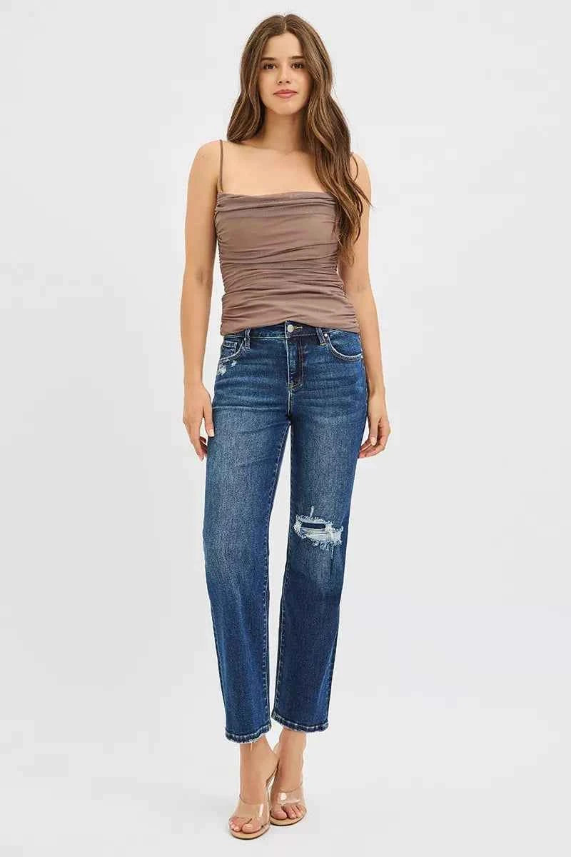 RISEN High Rise Crop Slim Straight Jenas with Hidden Knee Patch