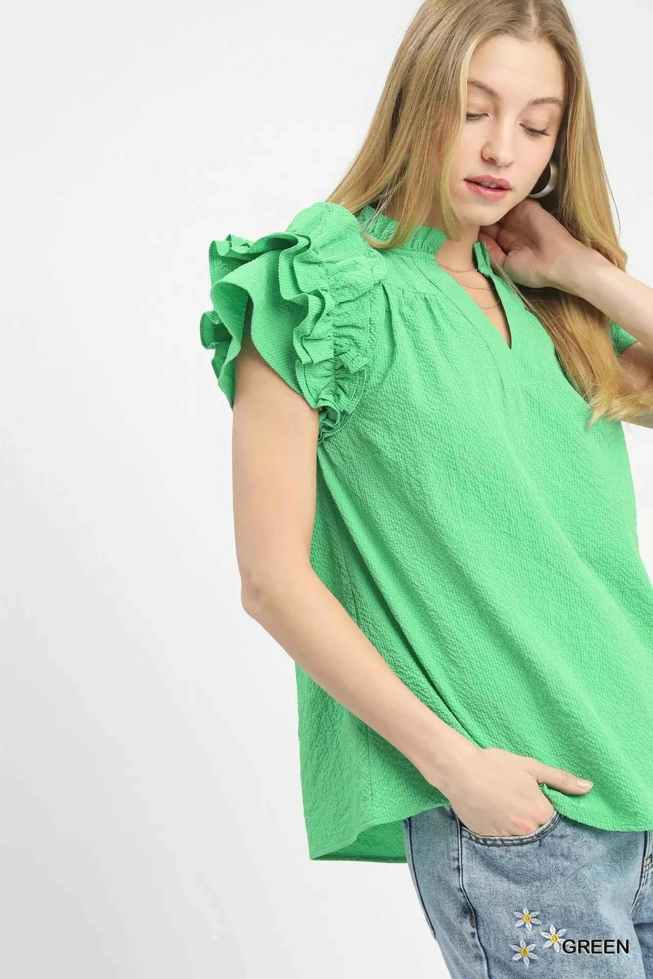 Umgee Textured Ruffle Sleeve Notched Top