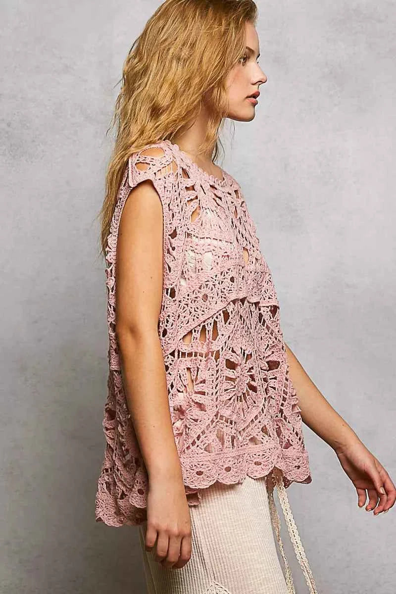POL Openwork Round Neck Floral Crochet Tank