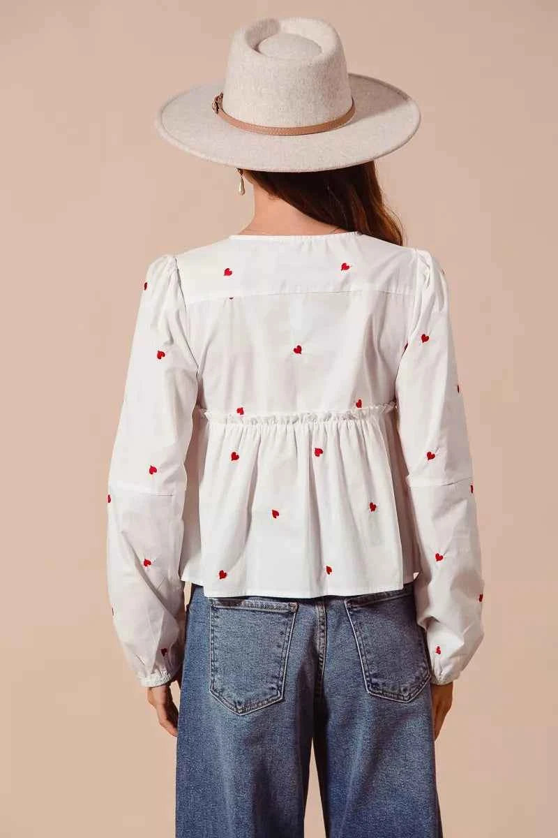 SO ME Front Tie Heart Embroidered Blouse With Puff Sleeve