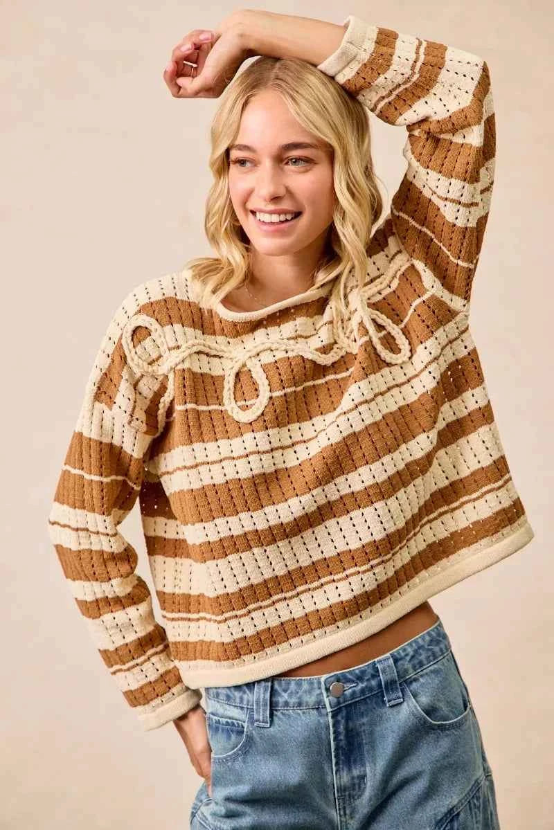 BiBi Striped Open Knit Sweater Top with Front Braided Detail