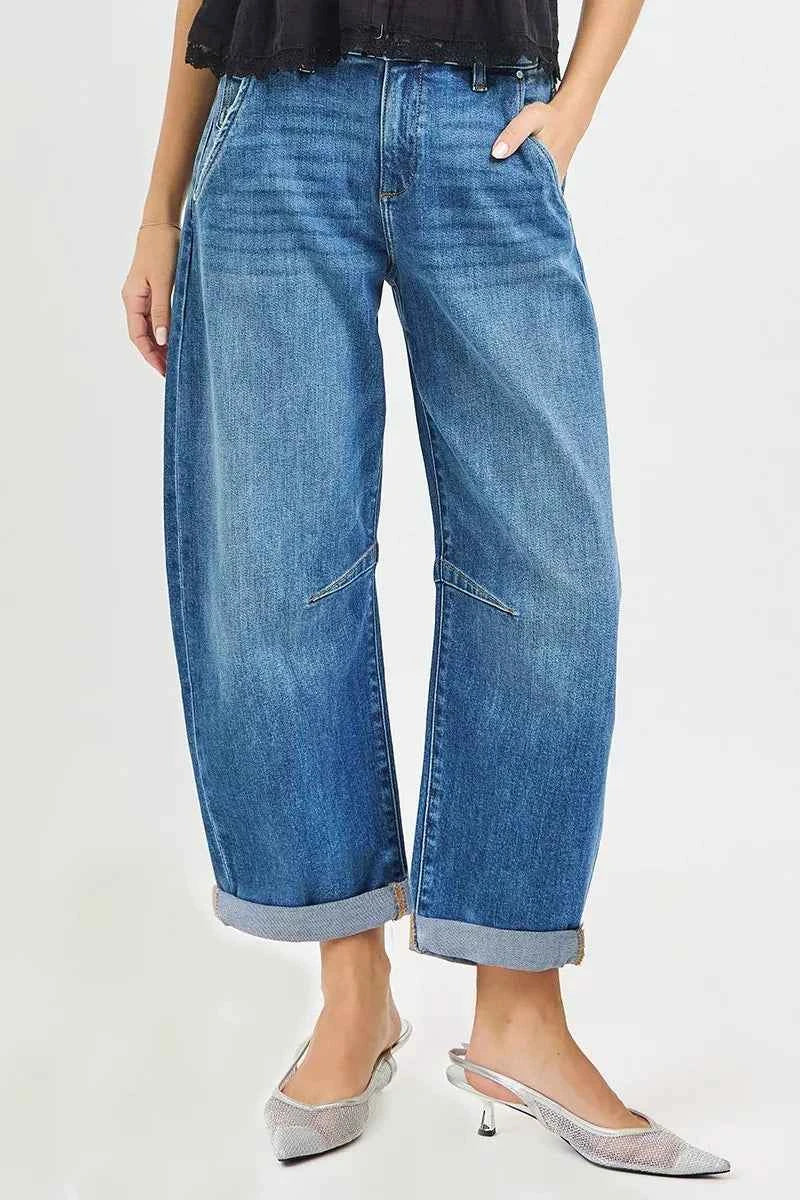 RISEN Slouchy Cropped Barrel Jeans With Cuffed Hem