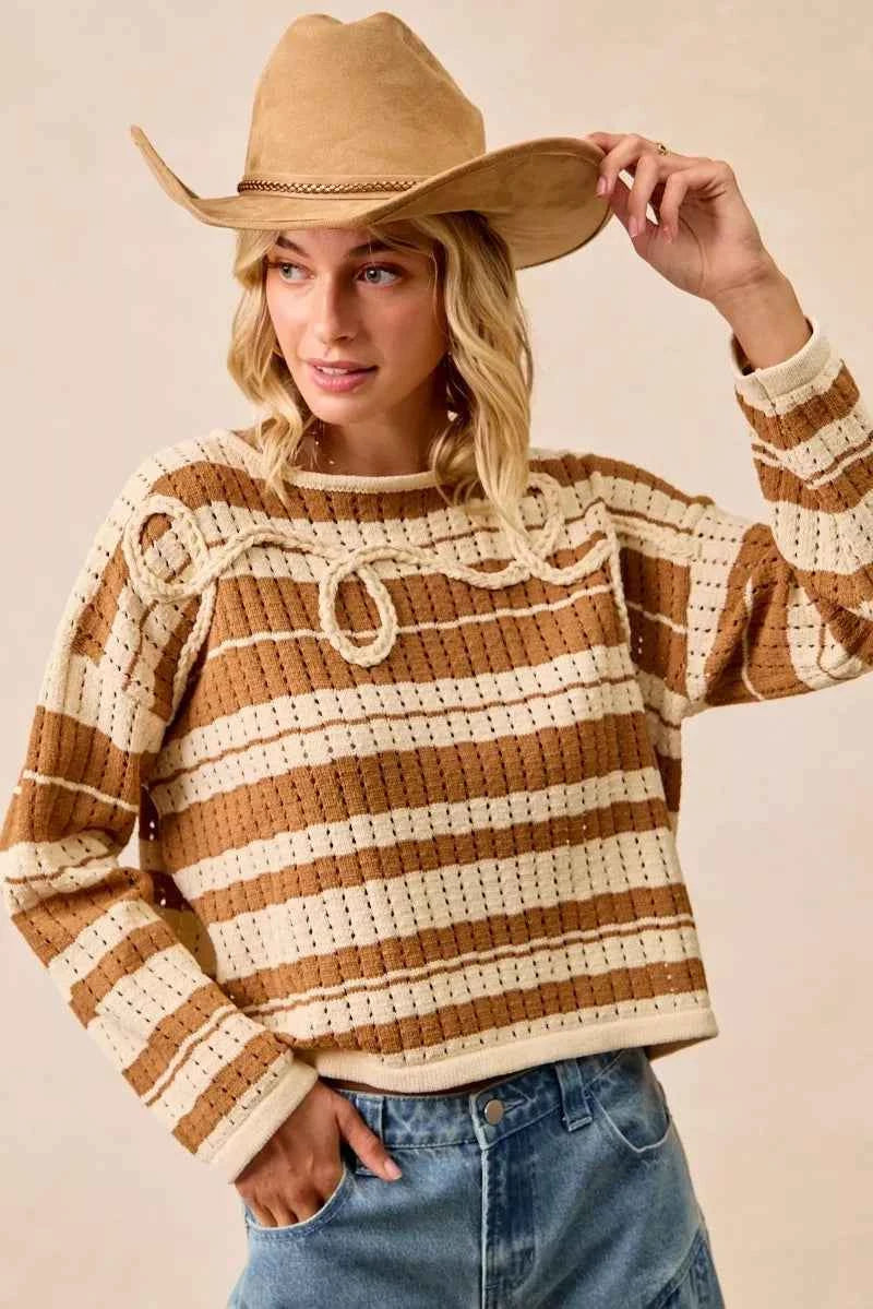 BiBi Striped Open Knit Sweater Top with Front Braided Detail