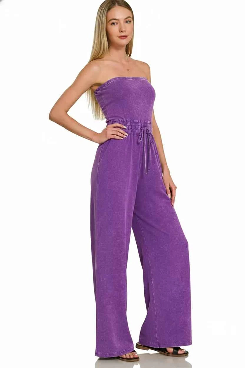 Zenana Acid Washed Strapless Tube Top Jumpsuit