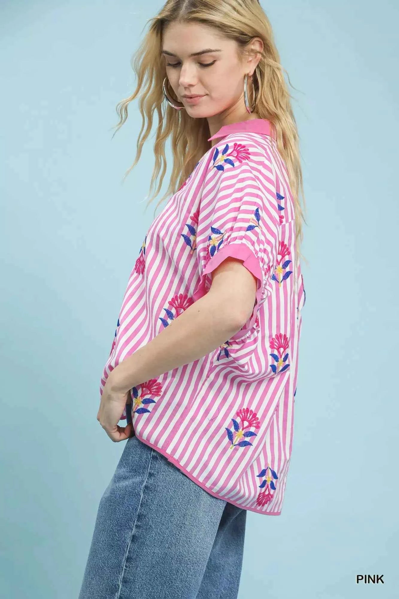 Umgee Stripe Embroidered Button-Front Boho Blouse
