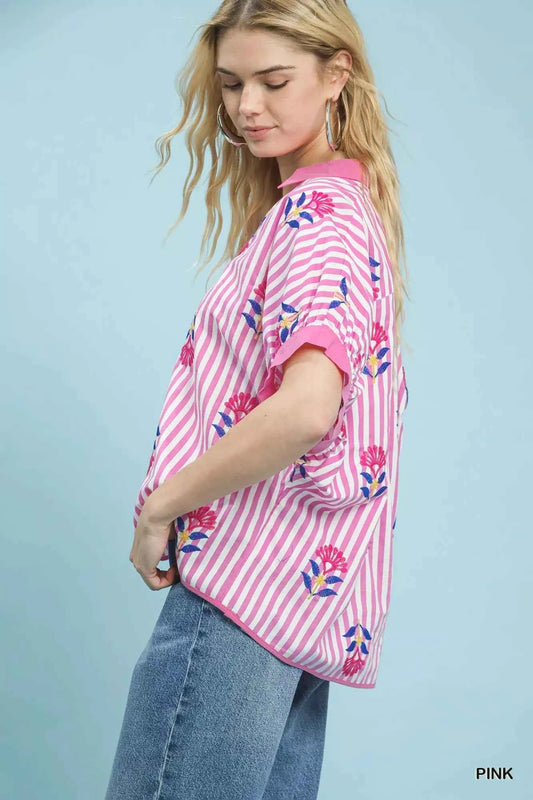 Umgee Stripe Embroidered Button-Front Boho Blouse
