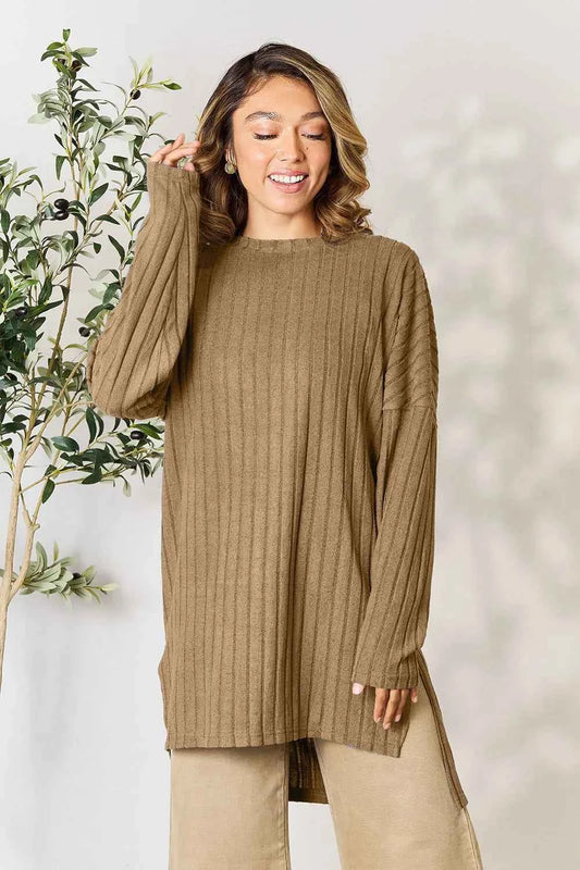 Basic Bae Full Size Ribbed Round Neck Long Sleeve Slit Top