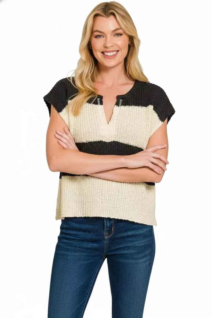 Zenana Split Neck Sleeveless Stripe Sweater