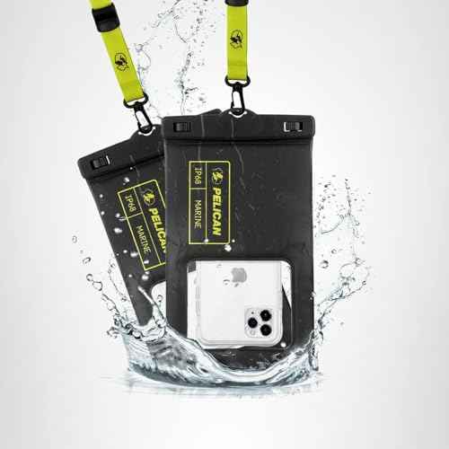 Pelican 2 Pack Marine - IP68 Waterproof Phone Pouch (Regular Size) Floating Waterproof Phone Case - Beach Cruise Ship Travel Essentials - Works w/All Phones - Detachable Lanyard - Black/Hi-Vis Yellow
